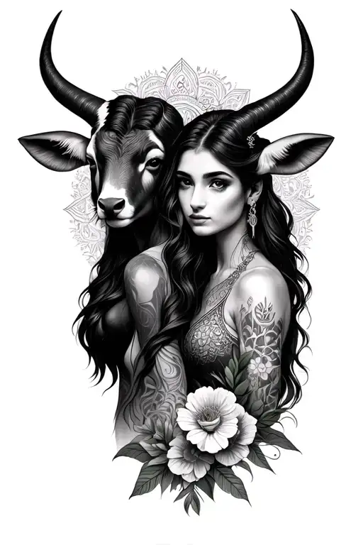 Taurus And Sagittarius Woman Posing Together Looking With Flowers And Mandala