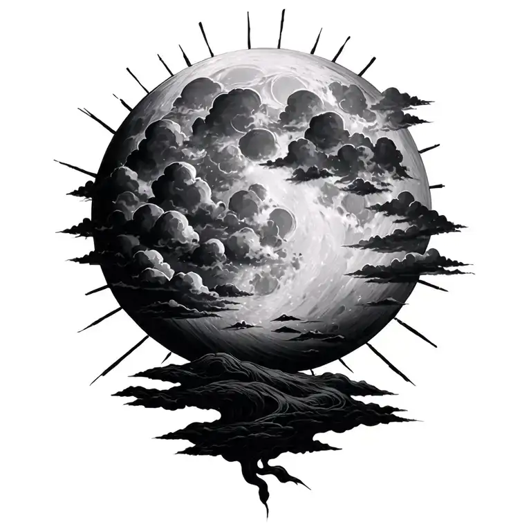 Full Round Moon With Clouds And 3 Rays Shining