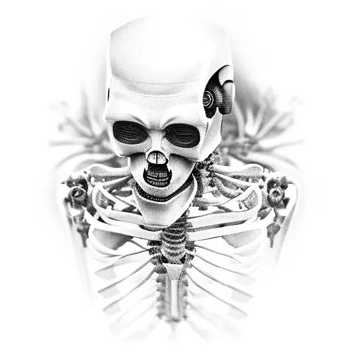 A Tear In Skin Revealing A Cyberpunk Robot Skeleton With A Society Of Mini Robots Inside