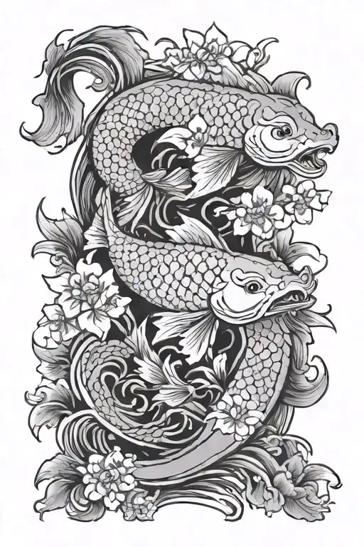 A Koi Carp With Waves Going Up Towards A Dragon Surrounded By Japanese Flowers