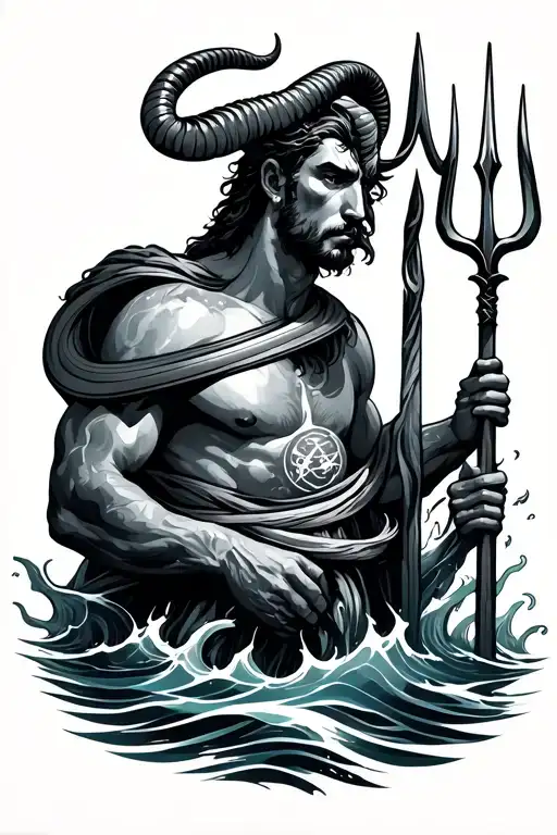 Capricorn Man Yielding A Trident With Saturn Rings Wrapped Around While Emerging Out Of The Sea