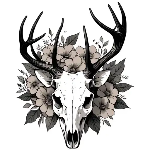 Deer Skull With Antlers With Flowers Surrounding But Not Above