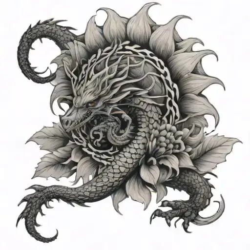 Dragon Eating Its Tail With Center Of Sunflower Growing