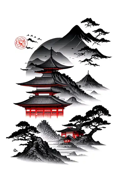 Japanese Temple And Mountain Scene