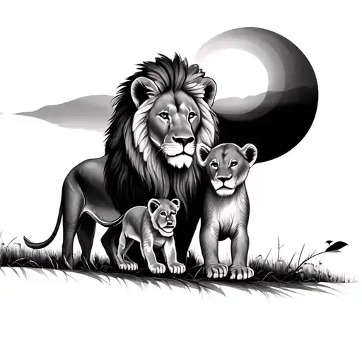 Lion Mom And Cub And Sun Rising