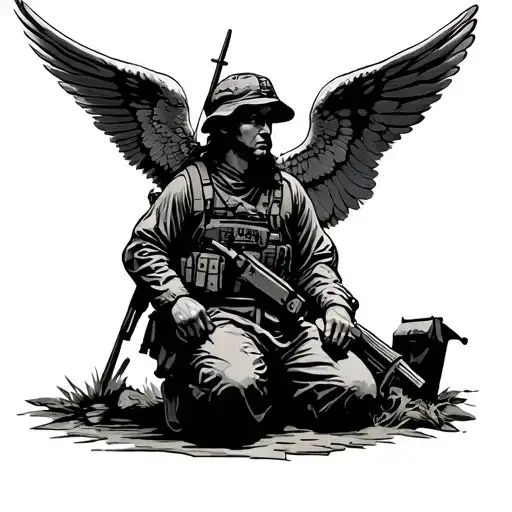 Operation Enduring Freedom Soldier With Angels Wings Kneeling At The Cross