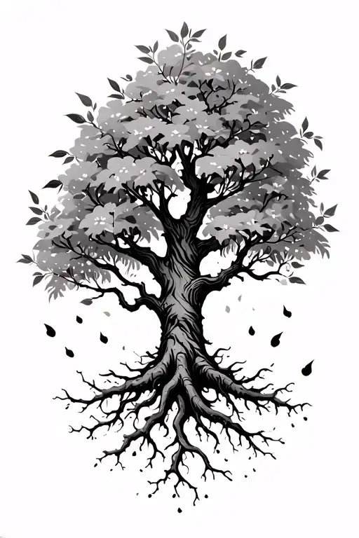 Tree With Leaves And Roots And Blossoms Falling