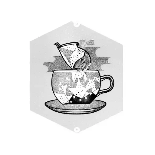 A Black And Grey Tattoo Of A Coffee Pot Pouring Stars Into A Cup With A Fantasy Book Open Beside It