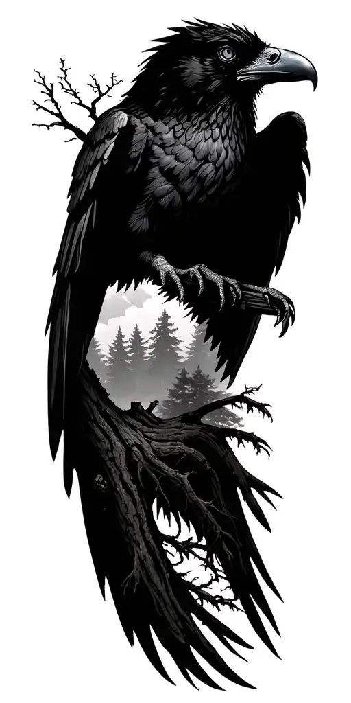 Forest Scene With A Giant Raven On Top