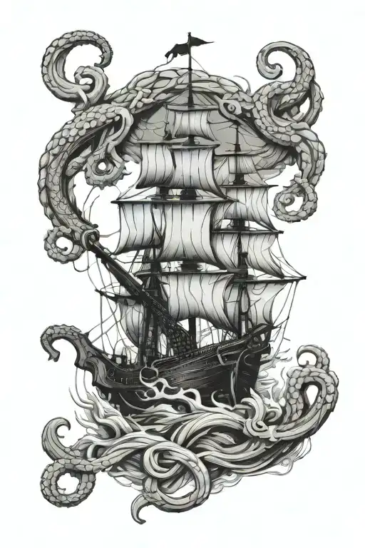 Ship With Anchor And Kraken Grabbing Anchor Intertwined