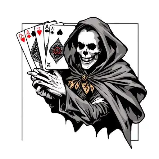 I Want A Skeleton Joker In A Cloak Holding 4 Playing Cards With The Second Card Being Partially Torn
