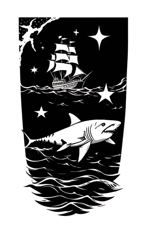 Outer Forearm Tattoo Water And Shark With A Ship With Stars