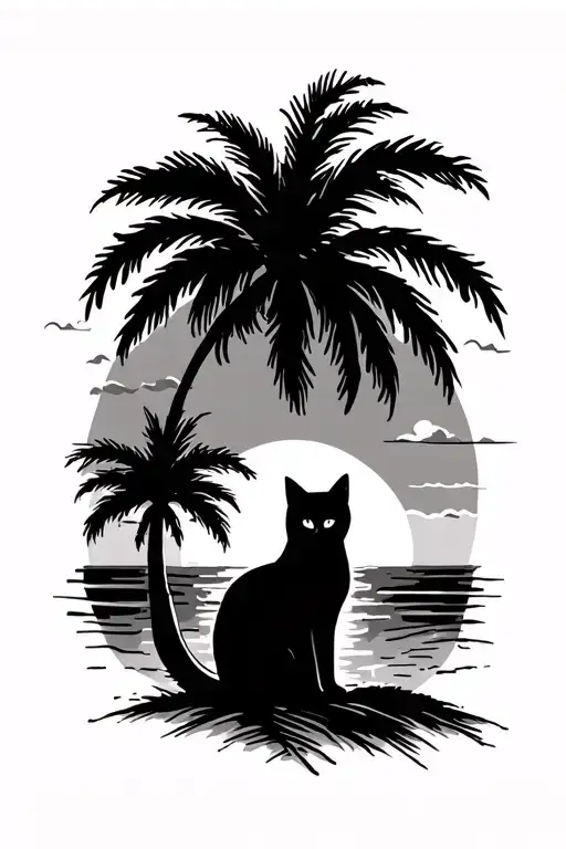 Palm Trees With Sun Setting With Cat On The Beach Look At Sun Setting