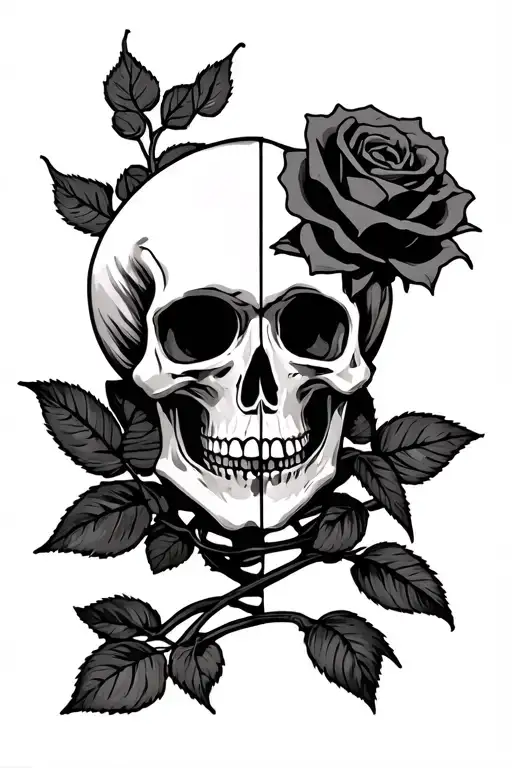 Half Dead Half Alive Skeleton With A Dead And Alive Rose With The Words Memento Mori
