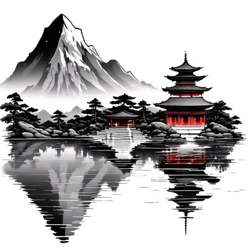 Japense Temple And Mountain Lake Scene
