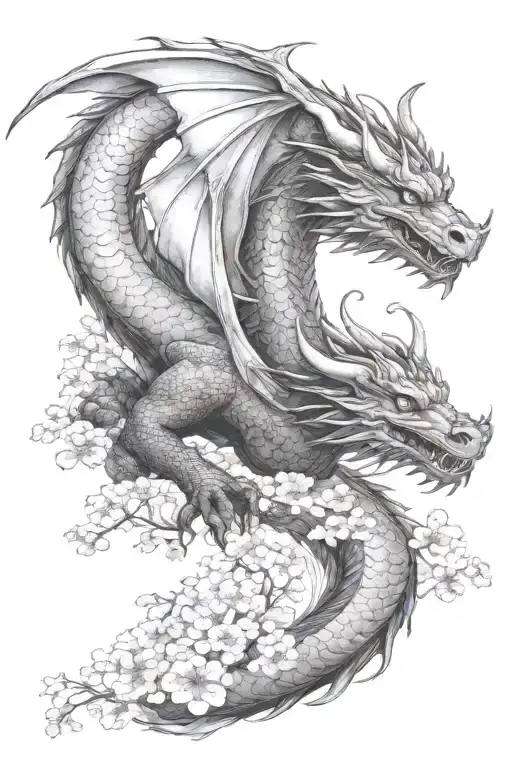 A Dragon Flying Over A Field Of Blooming Cherry Blossoms