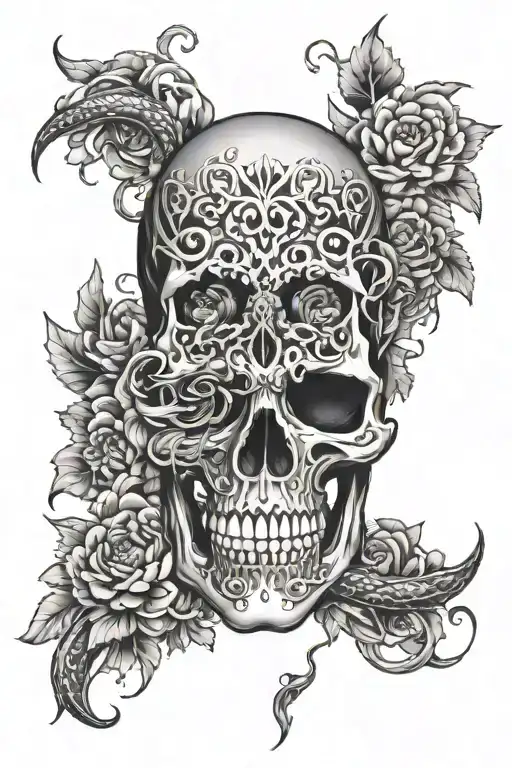 Gothic Style Skull With Snake And Chrysanthemum Flowers