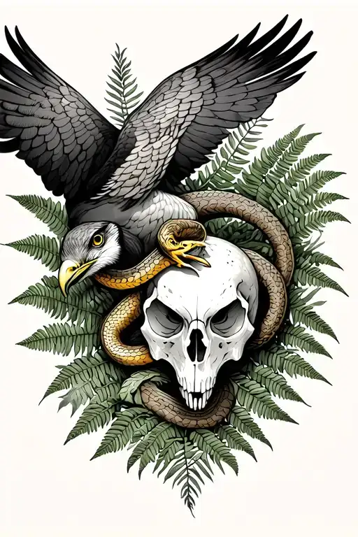 Peregrine Falcon Skull Backed By Ferns And Other Greenery With A Snake Weaving Through The Leaves