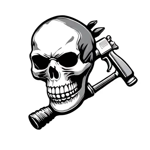 Skull Wearing A Paint Spray Mask With A Spray Gun In The Background And Autobody Hammer