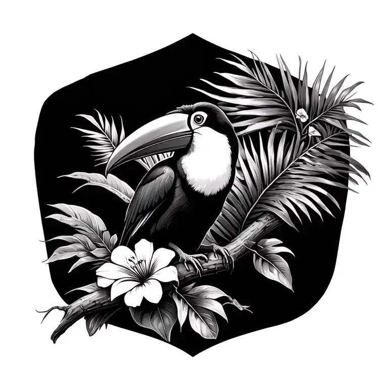 Tropical Plants And Flowers With Toucan Perched On Branch