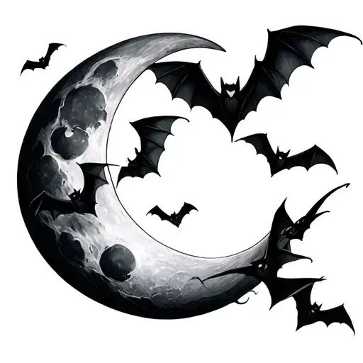 Cresent Moon With Bats Flying Around