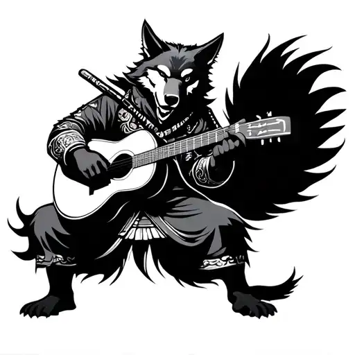 Neo Japanese Samurai Wolf Playing Traditional Japanese Guitar