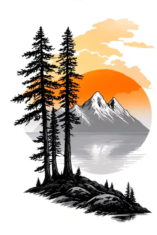 Mountains With Forest Trees Colors Sunset Over Lake