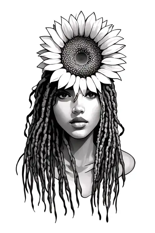 Half Sunflower Face And Woman Face With Dreadlocks
