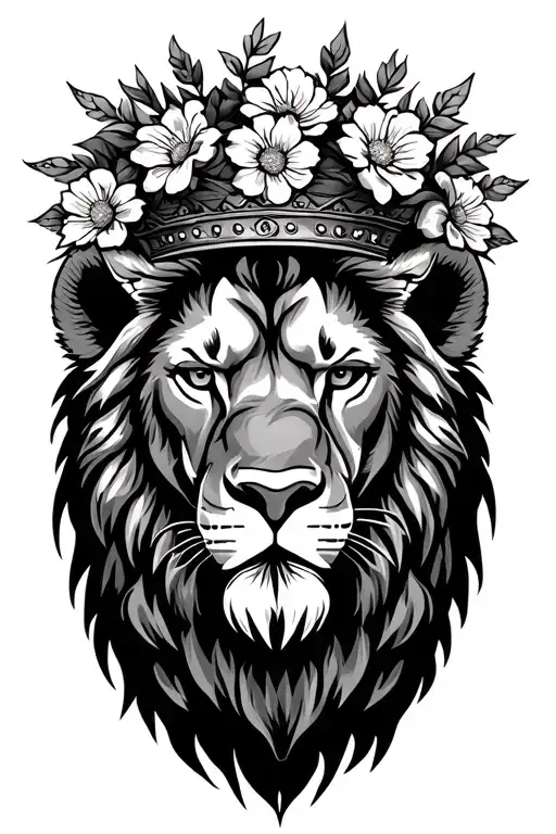 Crowned Lion Head With Flower Wreath