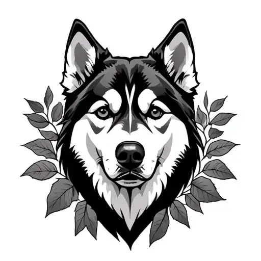 Husky Dog Head With Leaves Underneath