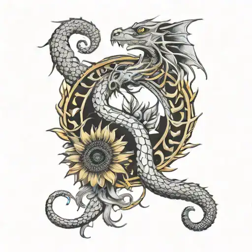 Ouroboros Dragon And Sunflower Blooming