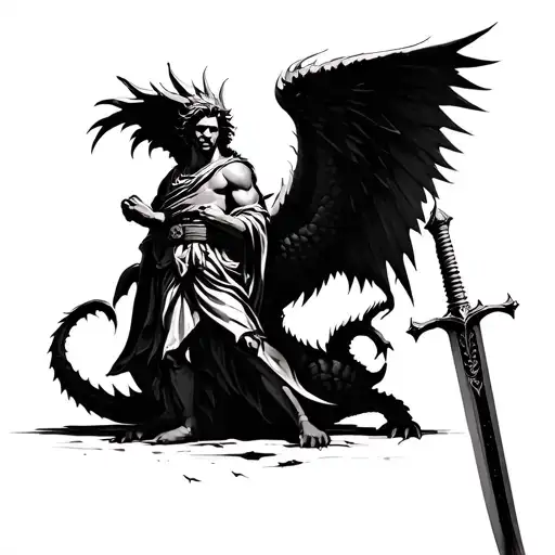 Jacked Arch Angel Michael Holding A Sword Slaying A Dragon