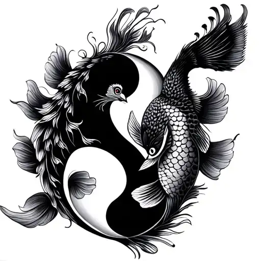 Koi Fish And Peacock In Yin Yang Position