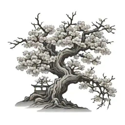Cherry Tree Bonsai Tree With Heavily Twisted Trunk And Cherry Blossoms