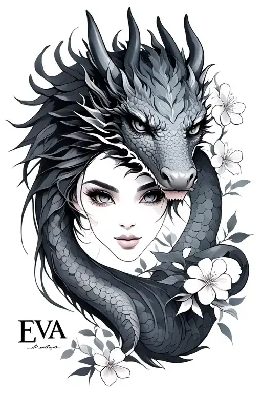 First Name Eva With A Dragon And Cherry Blossoms