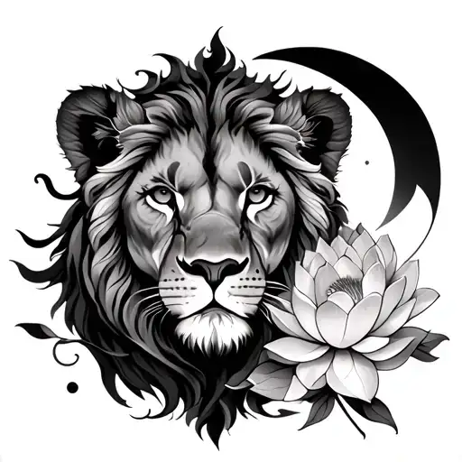 Lioness With Lotus Flower And Crescent Moon