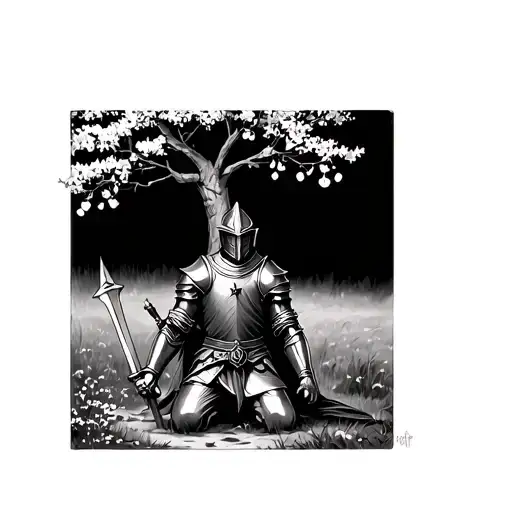 A Knight Kneeling Under A Cherry Tree
