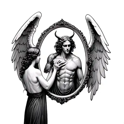 An Angel Looking Into A Mirror Reflecting A Demon Looking Back In The Shape Of A Gemini Symbol