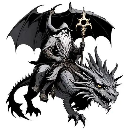 Wizzard Holding A Skull Staff While Riding A Dragon