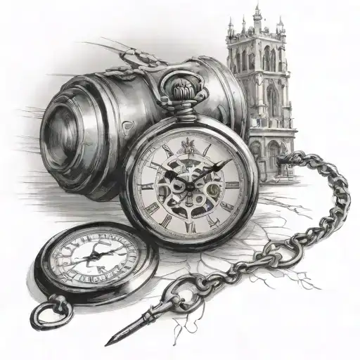 A Black Pocket Watch And Behind The Watch The Window Of A Cathedral