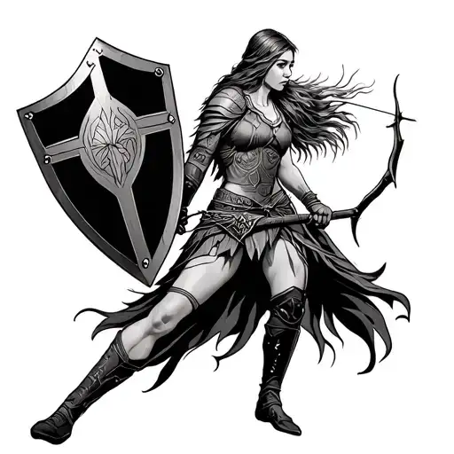 Shield Maiden Holding Bow Hunting Scene