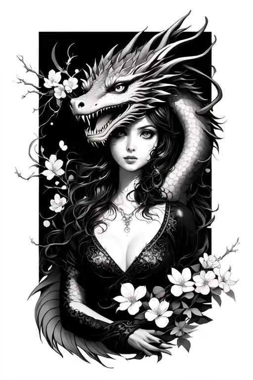 Eva With A Dragon And Cherry Blossoms