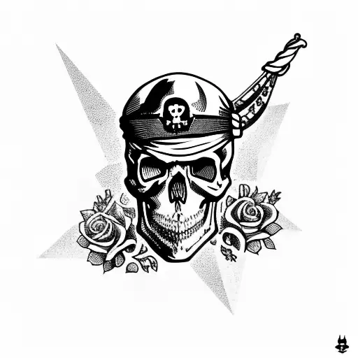 Skull With Pirate Ship With Flowers