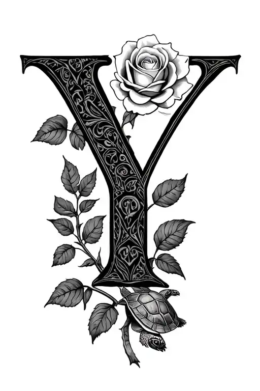 The Letter Y With A Rose And A Turtle In The Background