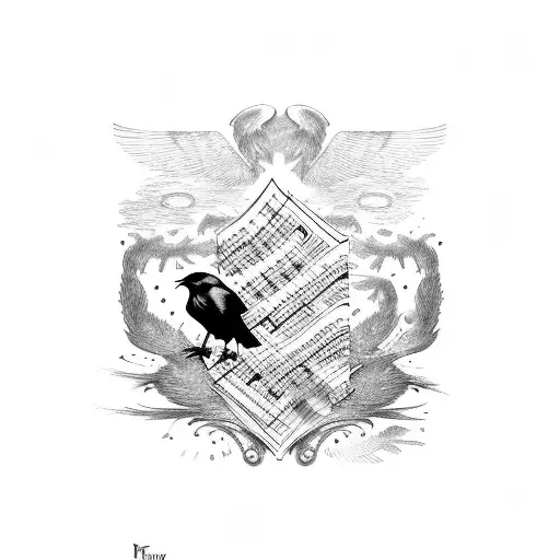 A Raven Perched On A Music Sheet With Symbols And Notes Forming Its Feathers