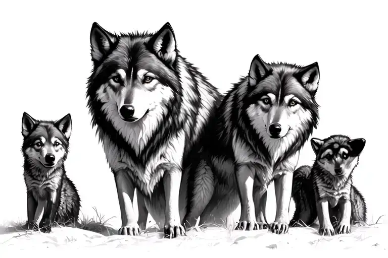 Mother Wolf Watching Three Wolf Pups Playing