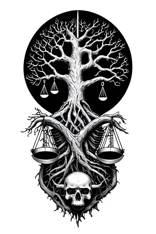 Spooky Tree Of Life Intertwined With Libra Scale And V-twin Engine