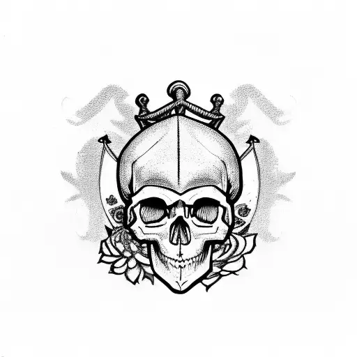 Skull With Pirate Ship With Flowers