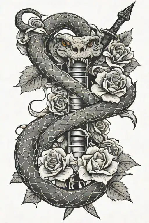 Snake Wrapping Around A Sword With Flowers