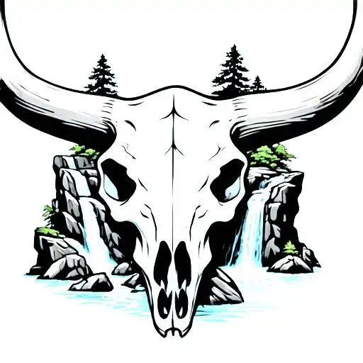 Steer Skull With Grandmas Birthday With Rocky Waterfalls